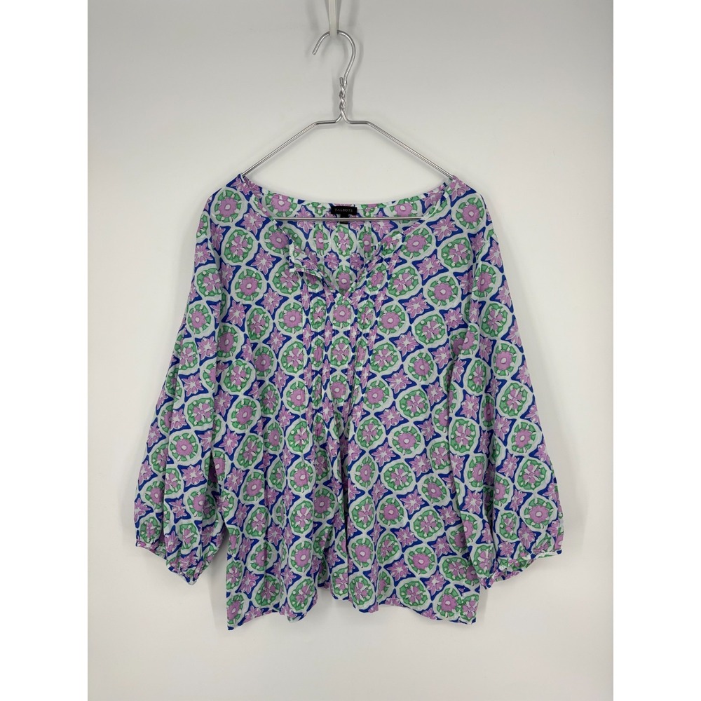 Talbots Blouse Womens XL Purple Floral Cotton Peasant Pleated